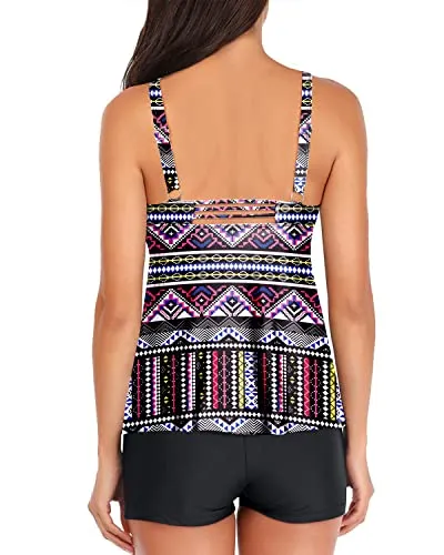 Slimming Flowy Tankini Bathing Suit Boyshort-Black Tribal