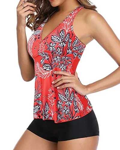 Sporty Bathing Suit Tummy Slimming Shirred Swim Tops And Boyshort-Red Floral