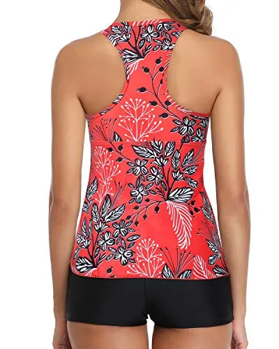 Sporty Bathing Suit Tummy Slimming Shirred Swim Tops And Boyshort-Red Floral