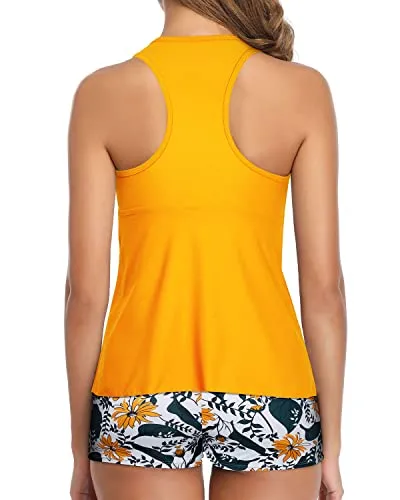 Stylish Two Piece Swimsuit Full Coverage Boyshort And Shirred Swim Tops-Yellow Floral