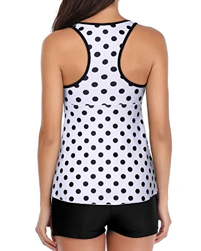 Tummy Slimming Bathing Suit Tankini Top & Shorts For Padded Push Up-Black Dot