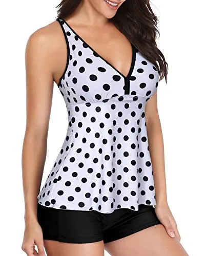 Tummy Slimming Bathing Suit Tankini Top & Shorts For Padded Push Up-Black Dot