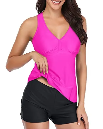 Tummy Slimming Swimming Suit Racerback Top & Tankini Top For Full Coverage-Hot Pink