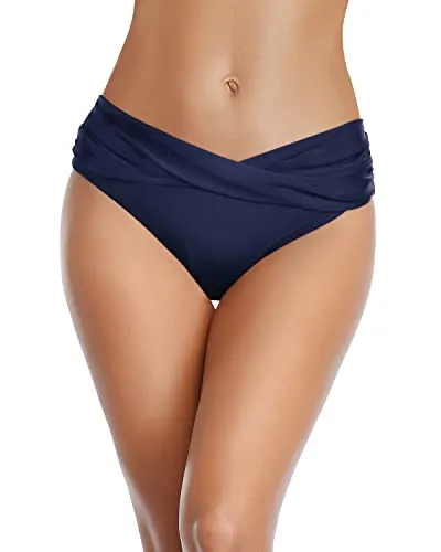 Twist Band Bikini Bottom V Cut Full Coverage Bathing Suit Bottoms-Navy Blue