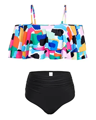 Two Piece Elegant Off Shoulder High Waisted Ruffle Bikini Set-Aqua