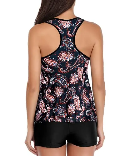 Two Piece Swimsuit Racerback Top & Padded Bras For Tummy Slimming-Black Tribal