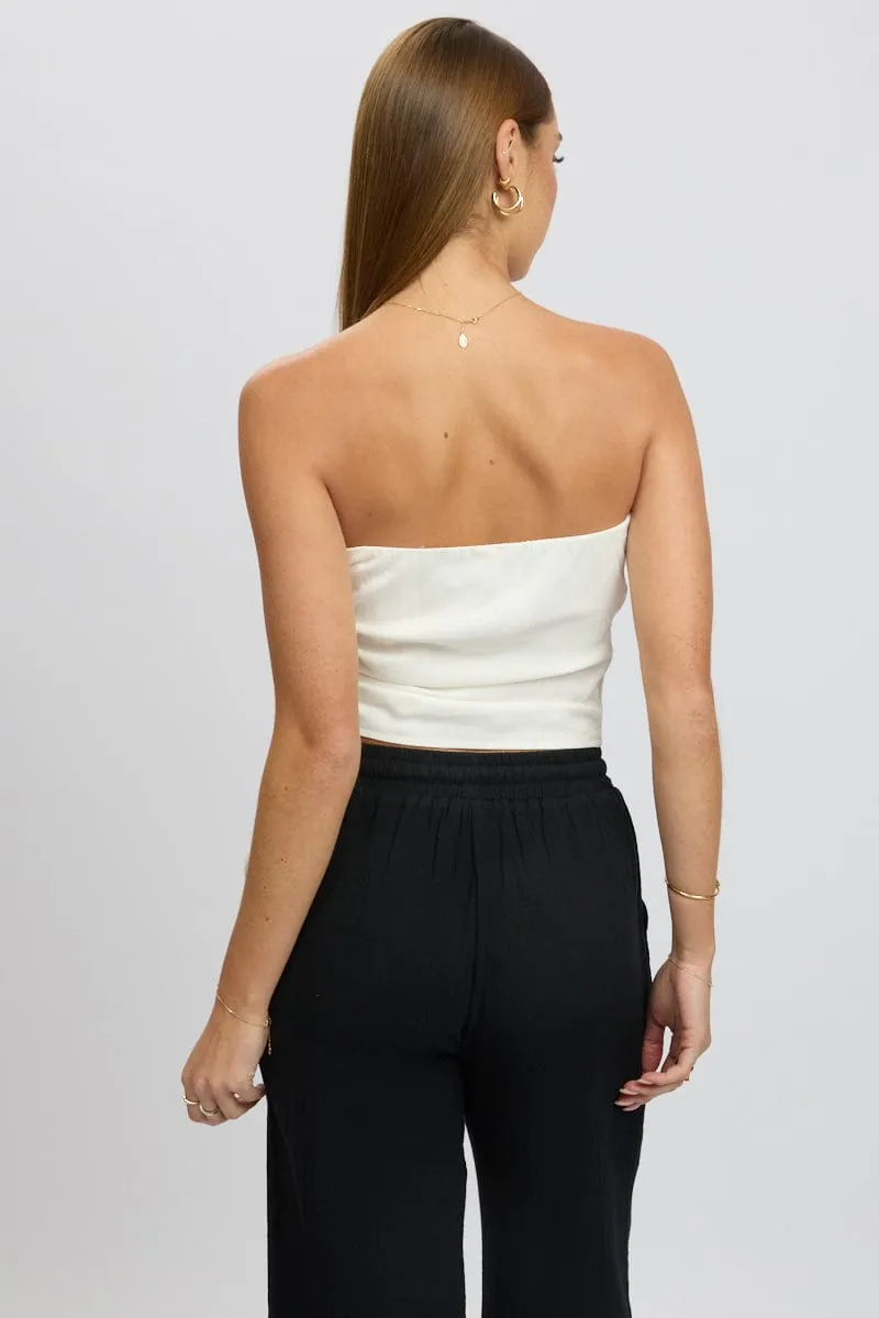 White Tube Top Side Ruched Linen Blend