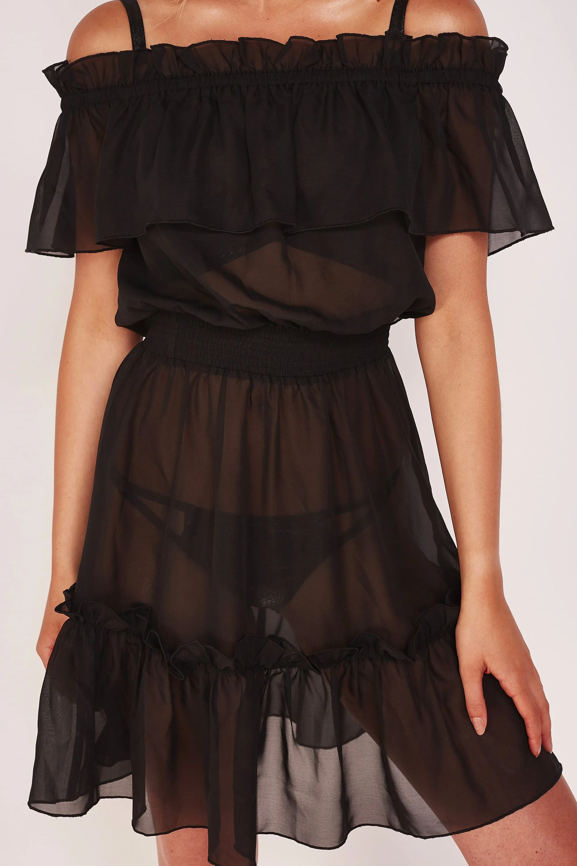 Wolf & Whistle Bardot Frill Beach Dress Black