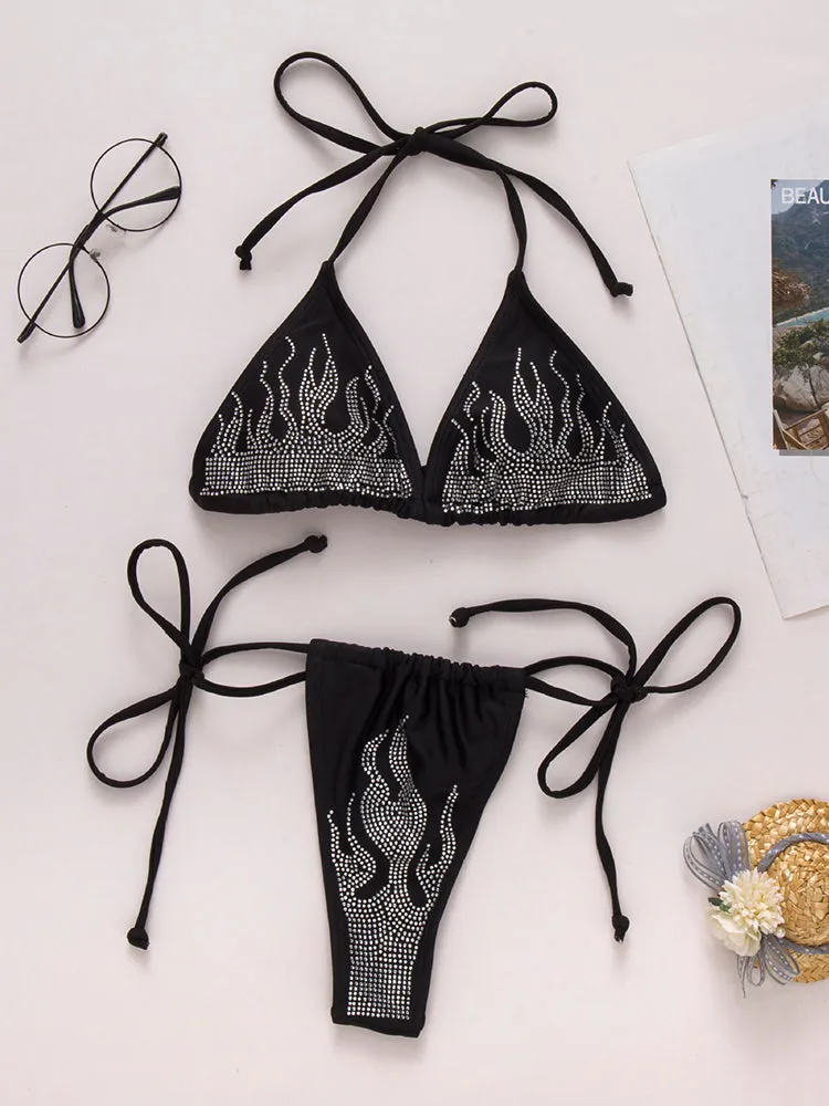 Women's Fashion Sexy Bandage Split Diamond Bikini Swimsuit Set
