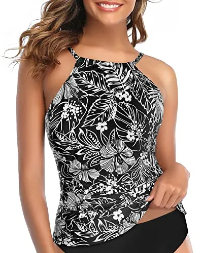 Women's High Neck Tankini Swim Top Tummy Control Ruched Bathing Suits