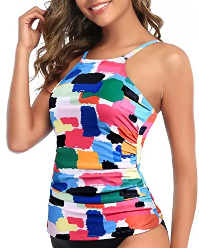 Women's High Neck Tankini Top Adjustable Straps And Padded Push-Up Bra-Aqua