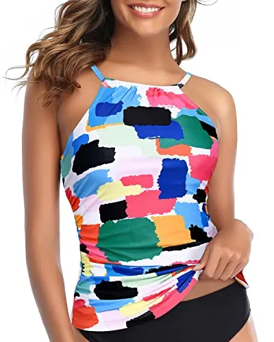 Women's High Neck Tankini Top Adjustable Straps And Padded Push-Up Bra-Aqua