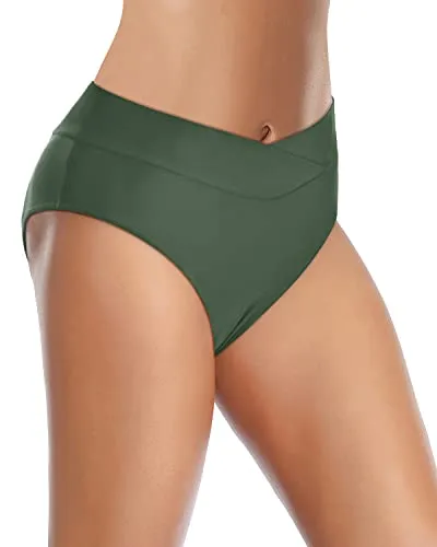 Women's High Waisted V Cut Cheeky Bikini Bottoms-Olive Green