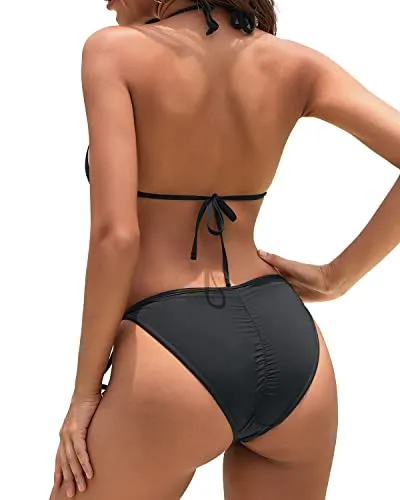 Women's Triangle String Bikini Set Push Up Halter Top-Black