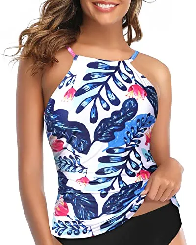Women's Tummy Control Tankini Top High Neck Ruched Swim Top